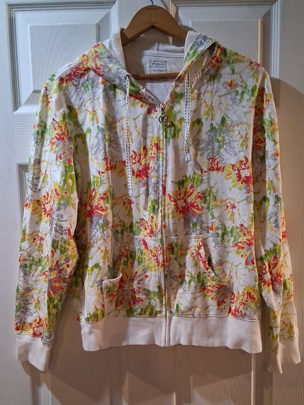 Three Hearts White Floral Zip Hoodie with Yellow, Green & Red Accents